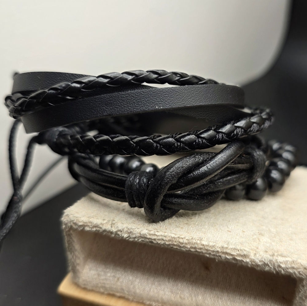 Black Braided Leather Bracelet Set (2254)